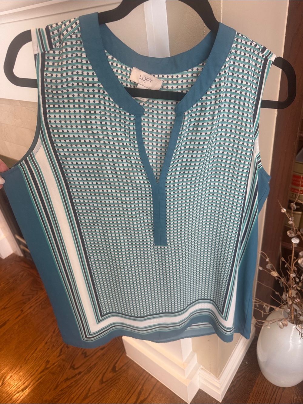LOFT Teal and White Sleeveless Patterned Camisole Top Large L